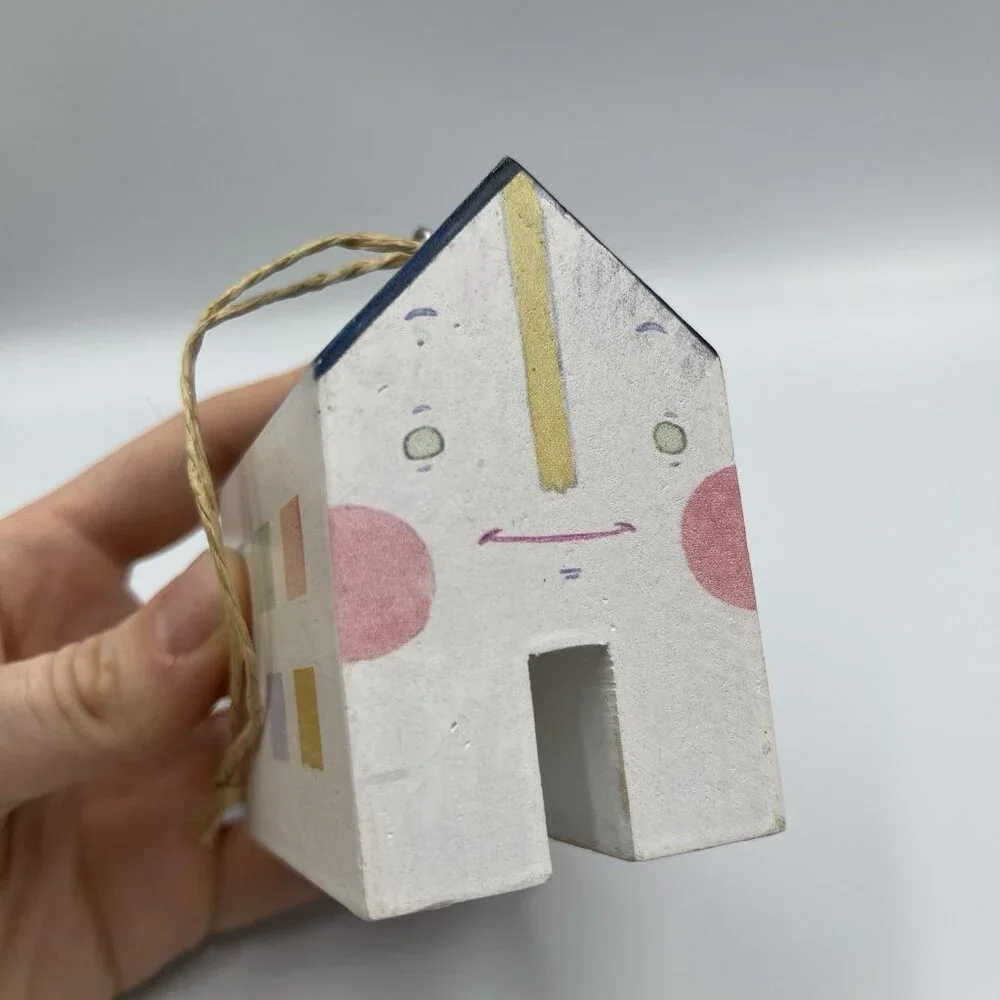 2013 Crate & Barrel Jen Corace Wooden House Christmas Ornament Hearts & Home